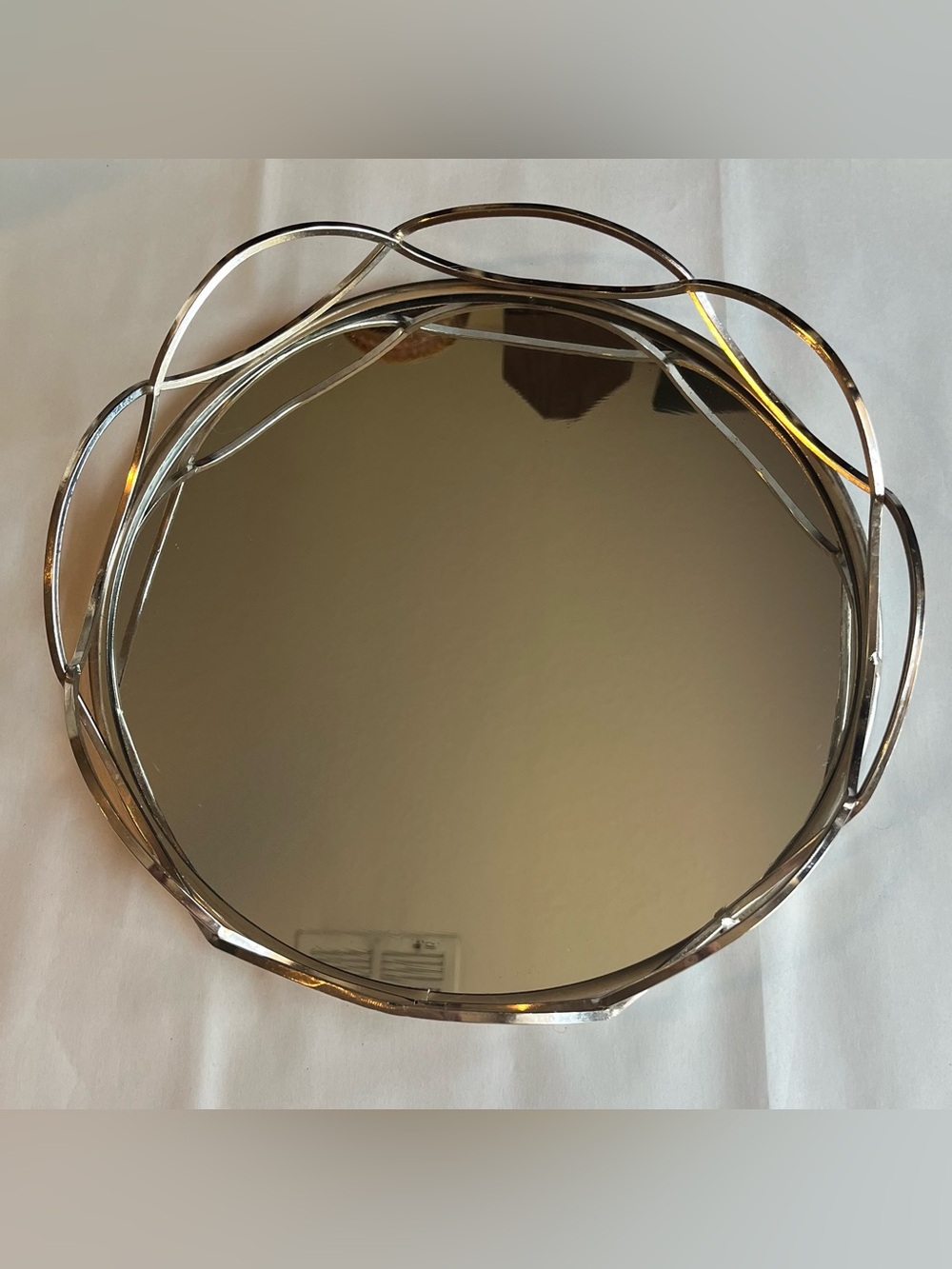 Silver Tone Metal Mirror Vanity Tray Open Weave 12”